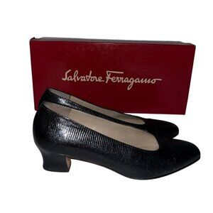 VINTAGE Salvatore Ferragamo Black Leather Textured Block Heel Shoes Size 4.5 Y2K